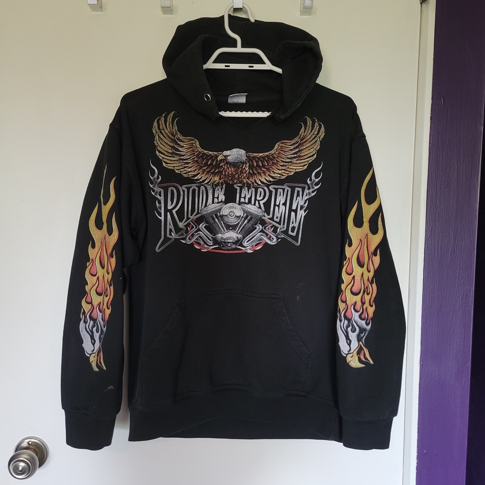 Vintage Ride Free Black Graphic Hoodie with Eagle & Flame Design